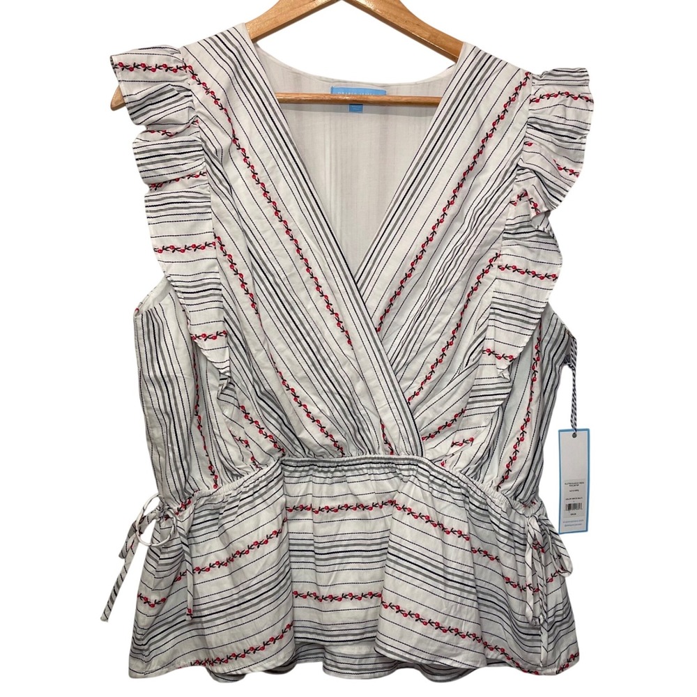 Draper James Flutter Sleeve V Neck Peplum Striped Top Red White‎ Multi Large